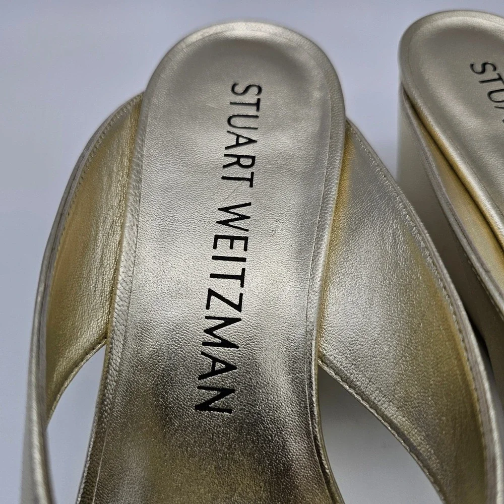 Stuart Weitzman Womens Miami 50 Wedge Slide‎ Metallic Gold Sandal Platino 6B - Picture 7 of 9
